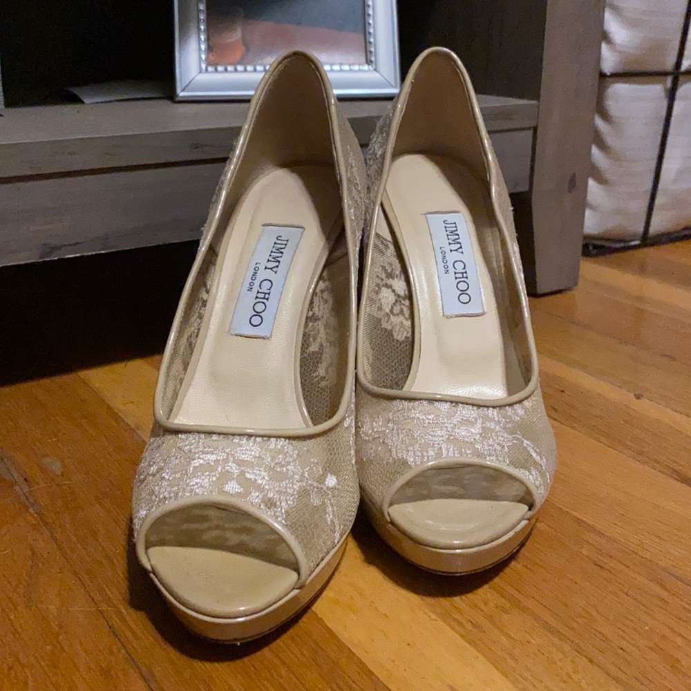 Barely worn Jimmy Choo Lace Peep Toe 100
